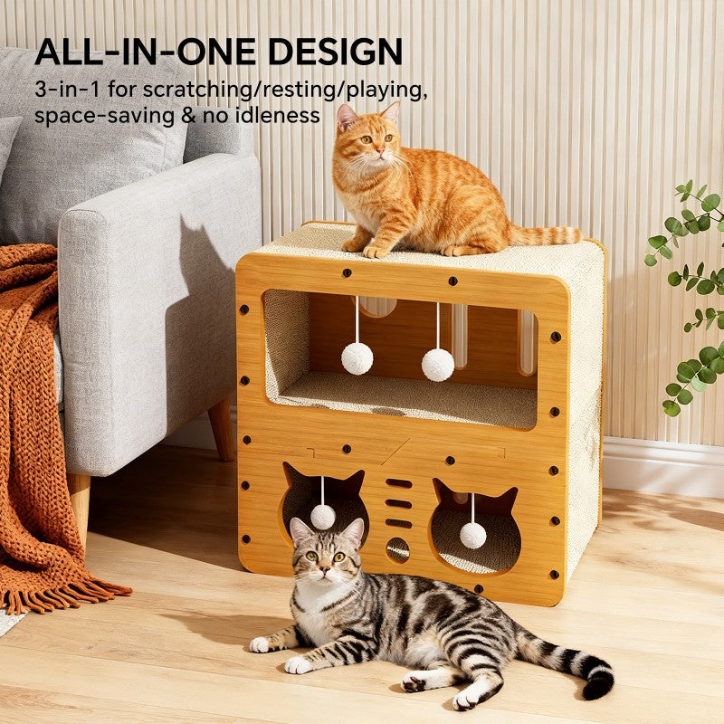 45cm Double Layer Cat Scratcher House – Interactive Play Box with Teaser Balls Wood, Corrugated Scratcher, Cat Claw Care & Resting Toy