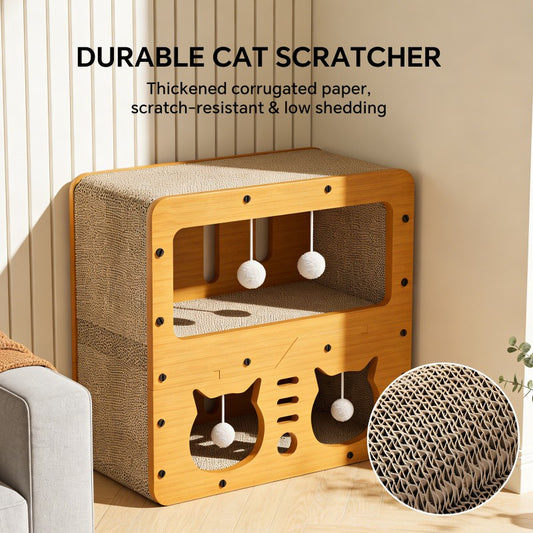 45cm Double Layer Cat Scratcher House – Interactive Play Box with Teaser Balls Wood, Corrugated Scratcher, Cat Claw Care & Resting Toy