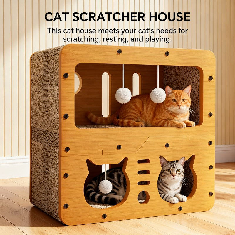 45cm Double Layer Cat Scratcher House – Interactive Play Box with Teaser Balls Wood, Corrugated Scratcher, Cat Claw Care & Resting Toy