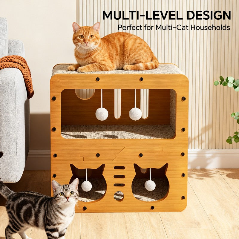 45cm Double Layer Cat Scratcher House – Interactive Play Box with Teaser Balls Wood, Corrugated Scratcher, Cat Claw Care & Resting Toy